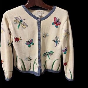 Talbots Cream Garden-Inspired Crewneck Cardigan with Embroidered Bugs size PL